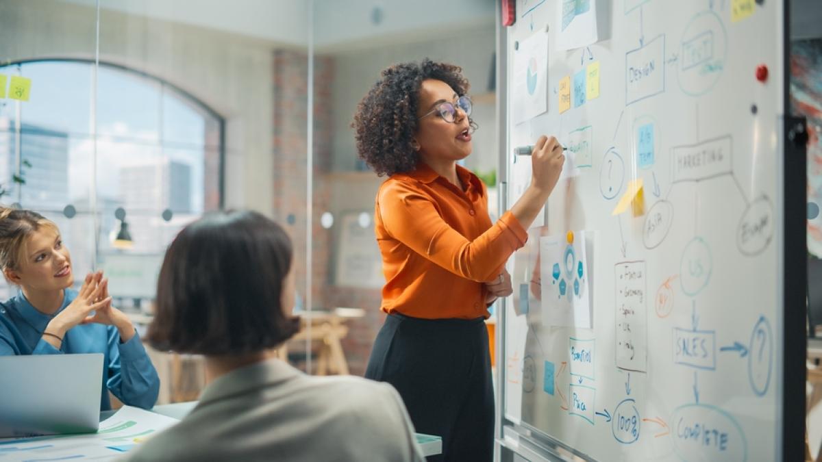 Person writing notes on whiteboard at work while colleagues watch