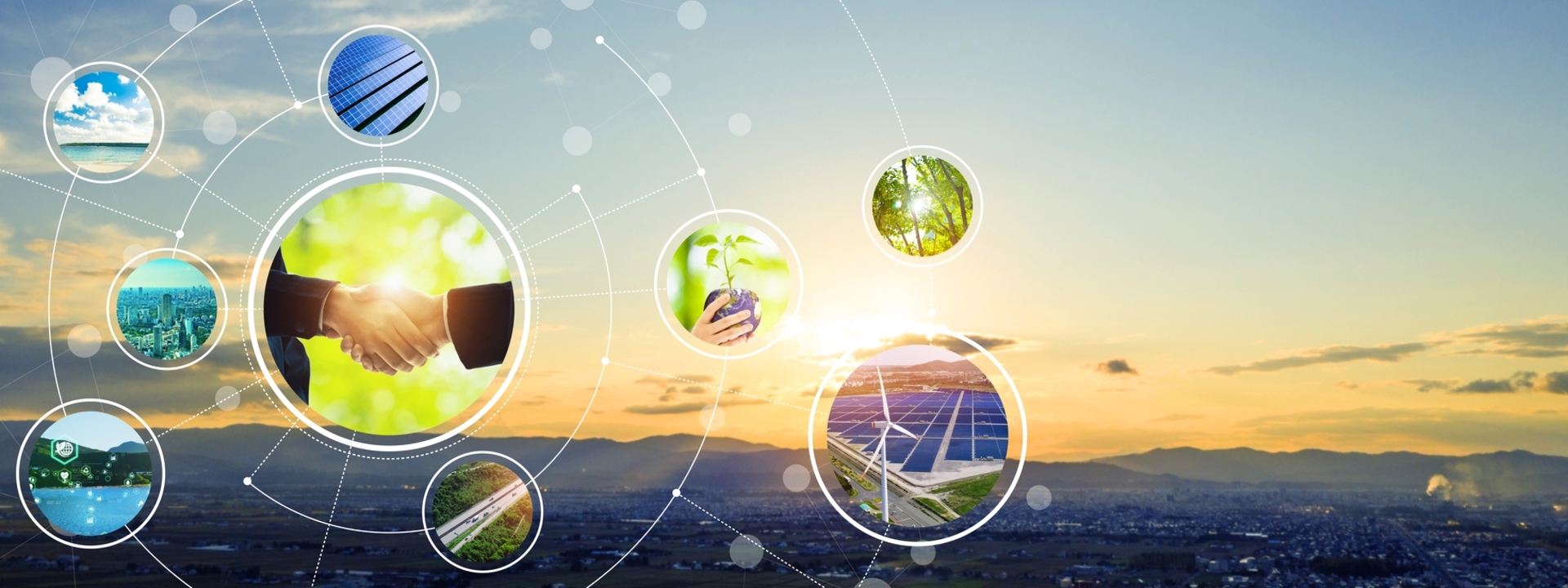 Skyline at sunrise with sustainability related icons overlaying